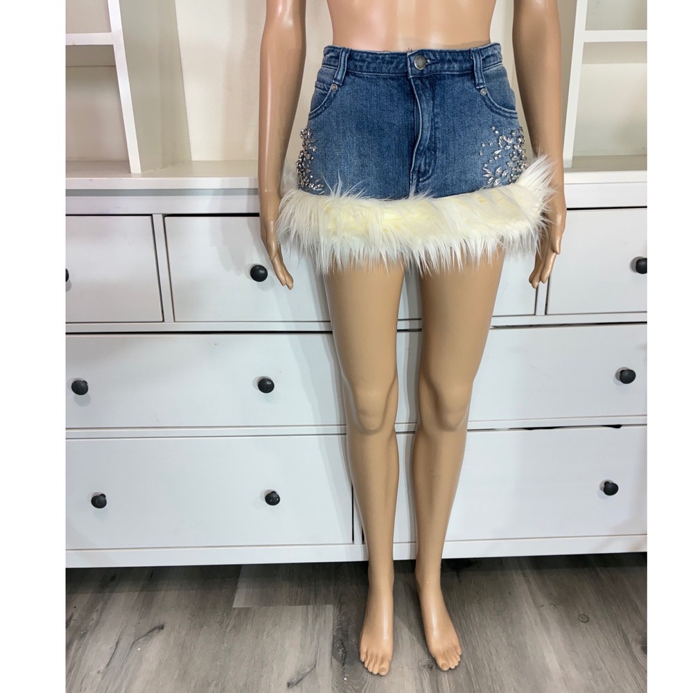 Free People Denim Mini Skirt Women 6 Blue Rhinestone Faux Fur Trim Embellished